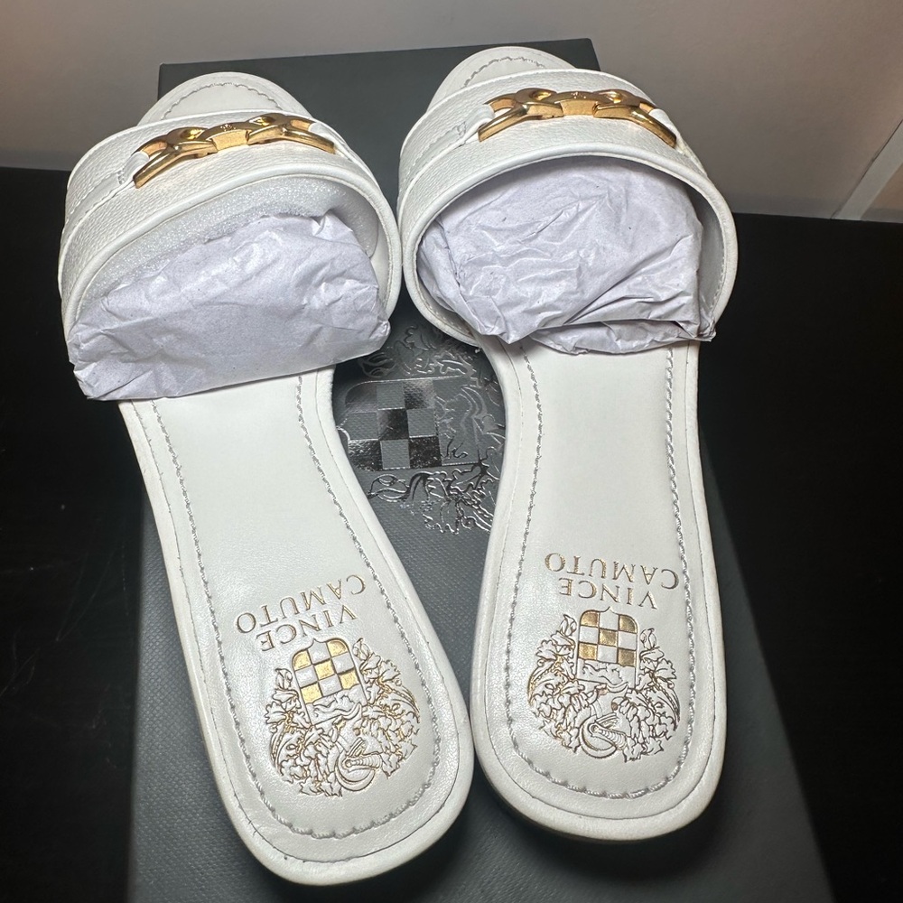 Vince Camuto White and Gold Sandals